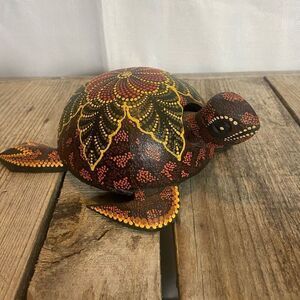 Hand-Painted Bobblehead Turtle Figurine Folk Art Dot Painted Decor Shelf Accent